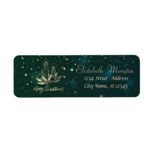 Etiqueta Vela de oro, bolas, ramas de pino verde