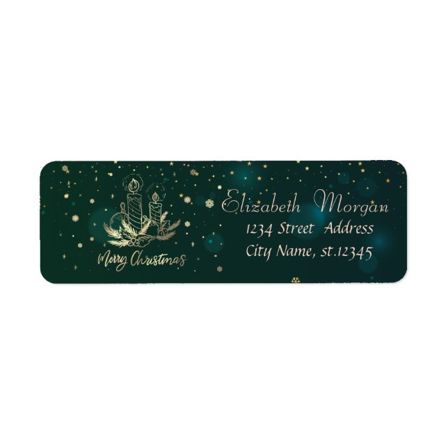 Etiqueta Vela de oro, bolas, ramas de pino verde (Frente)