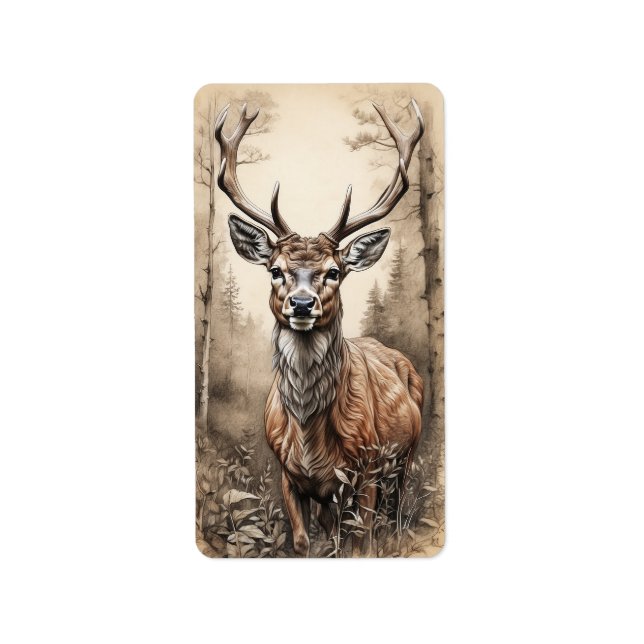 Etiqueta Venado De Obra Maestra En El Bosque (Frente)