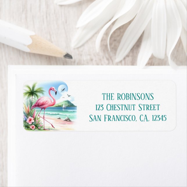 Etiqueta Verano acuarela Flamingo en la playa (In situ)