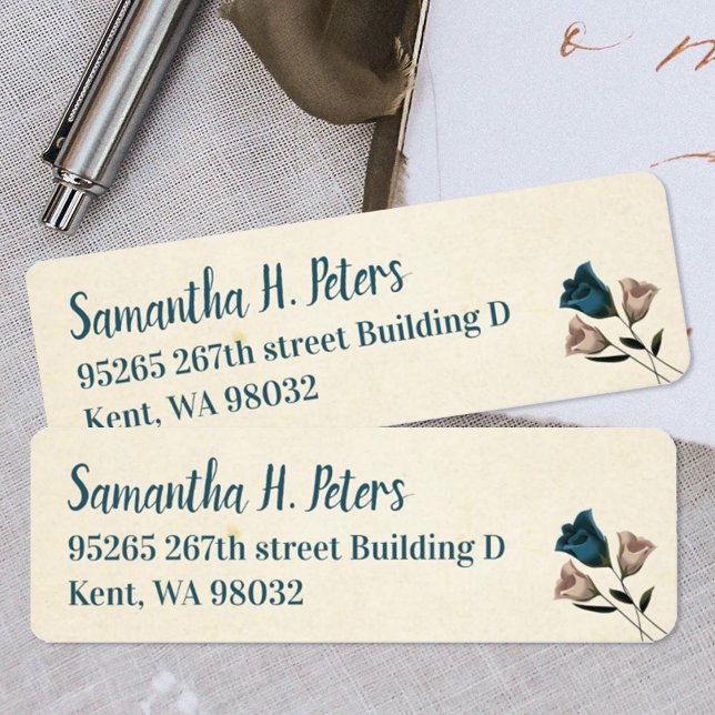 Etiqueta Verde azulados, Rosas de Jardín Beige (Teal, ivory, off white address labels with roses, teal script writing, simple roses)