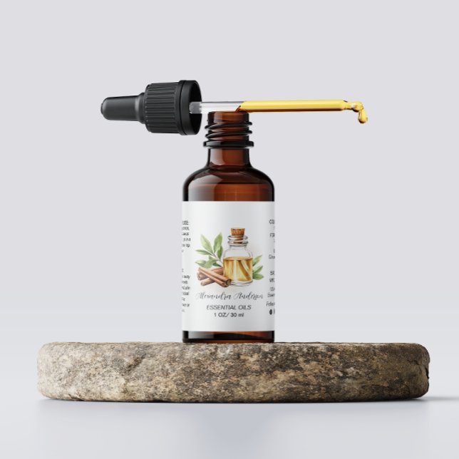 Etiqueta Verdor Cinnamon Aceites esenciales acuarela (Greenery Cinnamon Essential Oils Watercolor Label)