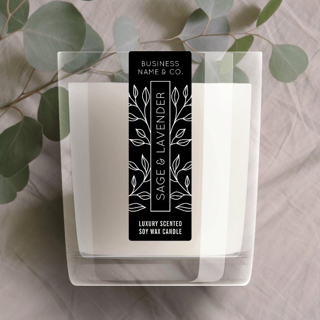 Etiqueta vertical delgada de la vara floral negra  (Minimalist black floral skinny vertical jar label design great for candles, wax melts and more)