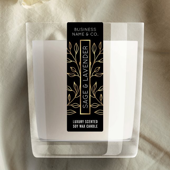 Etiqueta vertical Skinny Floral Candle Black & Gol (Elegant black and gold effect skinny vertical candle jar label)
