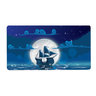 Etiqueta Viaje en barco de vela de madera a la luz de la lu