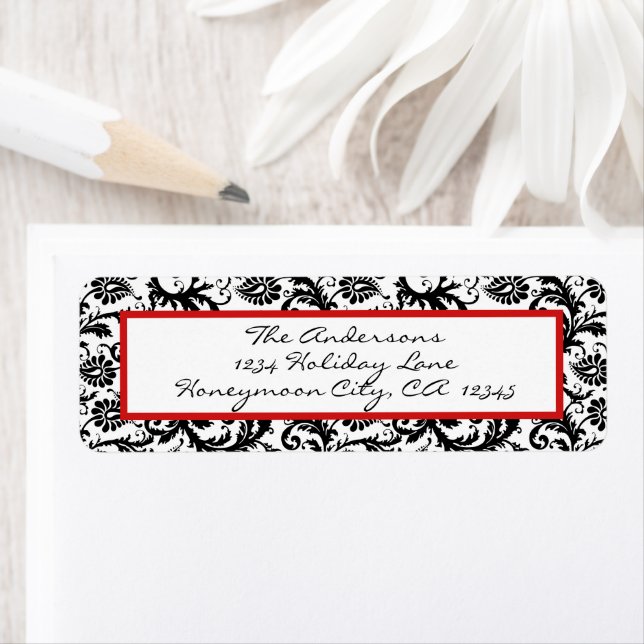 Etiqueta Victoriano Floral Damask Swirl Rojo y Negro (In situ)