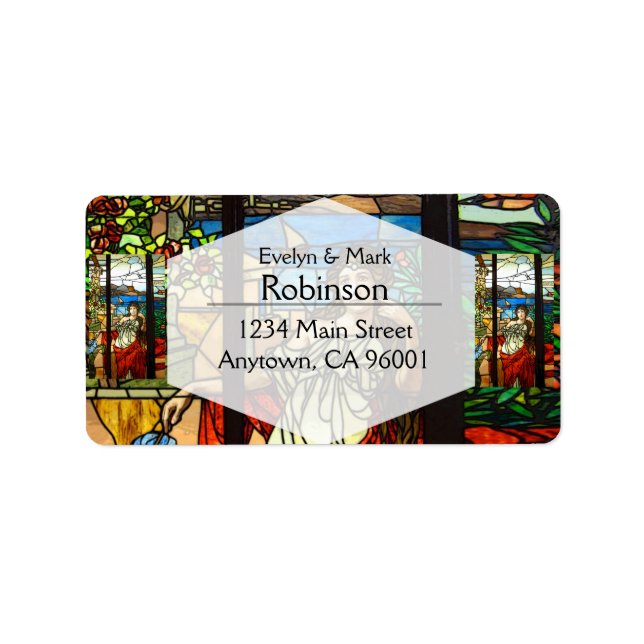 Etiqueta Vidrio manchado con una dama sentada. (Frente)