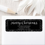 Etiqueta Vintage Black & White Merry Christmas Address<br><div class="desc">Elegante etiqueta de dirección en blanco y negro con el patrón navideño de Feliz Navidad. Con fondo vintage. Sobre fondo blanco negro retro.</div>