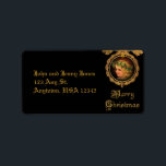 Etiqueta Vintage Christmas Angel<br><div class="desc">Diseño llamativo con un cherub de pelo dorado vestido con una guirnalda de hueso en un marco dorado ornamentado con texto de vacaciones doradas sobre fondo negro.</div>