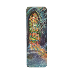 Etiqueta Vintage Christmas Church con ventana de vidrio man