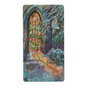 Etiqueta Vintage Christmas Church con ventana de vidrio man