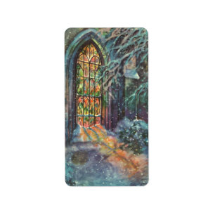 Etiqueta Vintage Christmas Church con ventana de vidrio man