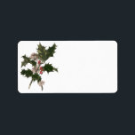Etiqueta Vintage Christmas, Green Holly Planta con Berries<br><div class="desc">Ilustracion de época Victorian Era Feliz Navidad diseño con una rama floral con hojas huecas,  bayas rojas y flores rosas. ¡Felices fiestas y saludos de temporada!</div>