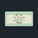 Etiqueta Vintage Christmas Holly y Ribbon<br><div class="desc">Navidades de la era victoriana ilustracion de lazo sagrado y rojo vintage con etiqueta de pergamino y fondo verde azulado.</div>