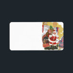Etiqueta Vintage Christmas, Jolly Santa Claus con presentes<br><div class="desc">Diseño de vacaciones de Navidades de ilustracion de época del clásico libro de cuentos para niños "Fue la noche antes que los Navidades". Este diseño presenta un alegre Santa Claus en una sala de estar de la casa de un niño después de haber bajado la chimenea con un saco lleno...</div>