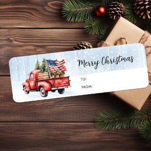Etiqueta Vintage Christmas Red Truck Regalo de bandera patr