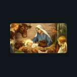 Etiqueta Vintage Christmas, Religious Nativity w Baby Jesus<br><div class="desc">Imagen del feriado de Navidades religiosos de ilustracion vintage que presenta una bella escena familiar de natividad clásica con Mary,  Joseph y el niño Jesucristo en el pesebre en Belén. Escena de religión cristiana con niños reunidos dando la mano alrededor del bebé.</div>