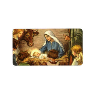 Etiqueta Vintage Christmas, Religious Nativity w Baby Jesus