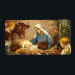 Etiqueta Vintage Christmas, Religious Nativity w Baby Jesus<br><div class="desc">Imagen del feriado de Navidades religiosos de ilustracion vintage que presenta una bella escena familiar de natividad clásica con Mary,  Joseph y el niño Jesucristo en el pesebre en Belén. Escena de religión cristiana con niños reunidos dando la mano alrededor del bebé.</div>