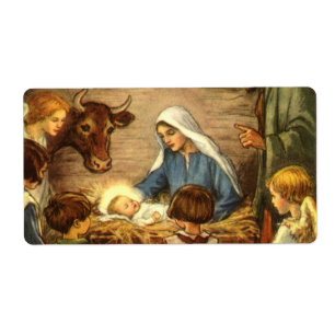Etiqueta Vintage Christmas, Religious Nativity w Baby Jesus