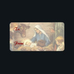 Etiqueta Vintage Christmas, Religious Nativity w Baby Jesus<br><div class="desc">Imagen del feriado de Navidades religiosos de ilustracion vintage que presenta una bella escena familiar de natividad clásica con Mary,  Joseph y el niño Jesucristo en el pesebre en Belén. Escena de religión cristiana con niños reunidos dando la mano alrededor del bebé.</div>