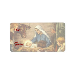 Etiqueta Vintage Christmas, Religious Nativity w Baby Jesus