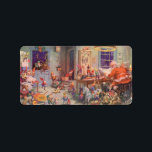 Etiqueta Vintage Christmas, Santa Claus con Elves Workshop<br><div class="desc">Ilustracion de la Vintage. Imagen de feriado de Navidad con Jolly San Nicolás y sus elfos ocupados construyendo juguetes, muñecas, caballos mecedores, etc. en el taller de Santa en el Polo Norte en la Víspera de los Navidades. Santa Claus está revisando su lista traviesa o buena una vez más para...</div>