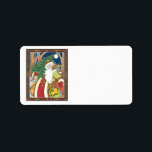 Etiqueta Vintage Christmas, Santa Claus Deer en la selva<br><div class="desc">Ilustracion de época de estilo victoriano Feliz Navidad. Imagen de Santa Claus que muestra a San Nicolás cargando un árbol de Navidad y picando un ciervo en el bosque, una luna llena en el cielo nocturno. Un alegre Papá Noel está llevando un saco lleno de juguetes y muñecas en la...</div>
