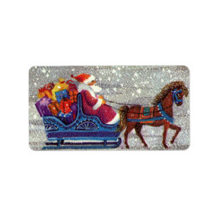 Etiqueta Vintage Christmas, Santa Claus Horse Open Sleigh