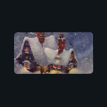 Etiqueta Vintage Christmas, Santa Claus Workshop North Pole<br><div class="desc">Ilustracion de la Vintage. Imagen de feriado navideño de Feliz Navidad con el taller de Santa Claus en el Polo Norte durante una tormenta de nieve en la víspera de los Navidades. La casa tiene dos chimeneas para mantener el calor y el sueño durante la nieve de invierno. Todas las...</div>