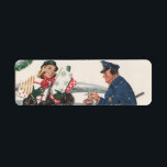 Etiqueta Vintage Christmas, Shopping presenta al policía<br><div class="desc">Ilustracion de la Vintage. Imagen de feriado navideño con una madre cargando regalos de Navidades de vuelta a su auto estacionado. Un amable agente de la policía le da de comer su contador de estacionamiento mientras está nevando durante la temporada invernal. ¡Divertido diseño kitsch retro de los años 50!</div>