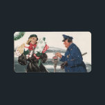 Etiqueta Vintage Christmas, Shopping presenta al policía<br><div class="desc">Ilustracion de la Vintage. Imagen de feriado navideño con una madre cargando regalos de Navidades de vuelta a su auto estacionado. Un amable agente de la policía le da de comer su contador de estacionamiento mientras está nevando durante la temporada invernal. ¡Divertido diseño kitsch retro de los años 50!</div>