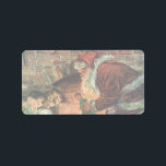 Etiqueta Vintage Christmas, victoriano Santa Claus Children<br><div class="desc">Ilustracion de época Victorian Festividad navideña Feliz Navidad con un alegre Papá Noel entregando juguetes a dos niños durmiendo cerca de la chimenea en la Noche Navidad. La niña está recibiendo una muñeca de juguete. Una corona de hojas huecas está colgada en el manto sobre el fuego.</div>
