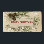 Etiqueta Vintage Christmas, Water / Wine Bottle Label<br><div class="desc">Hermoso diseño vintage con conos de pino,  agujas de pino,  copos de nieve y rollo de papel. Feliz Navidad ha sido añadida en un rojo brillante. Perfecto regalo para compañeros de trabajo,  Fiestas de Navidades de empresa o para invitados inesperados. Personaliza con tu nombre y fecha.</div>