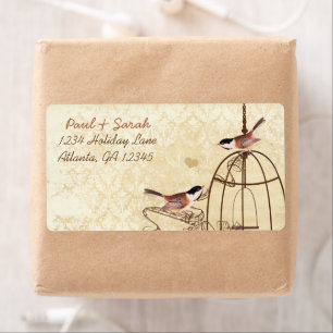 Etiqueta Vintage Damask Chickadees Brown Bird Cage