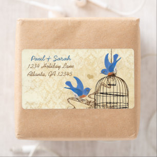 Etiqueta Vintage Damask Lucky Bluebirds Cage Bird Brown