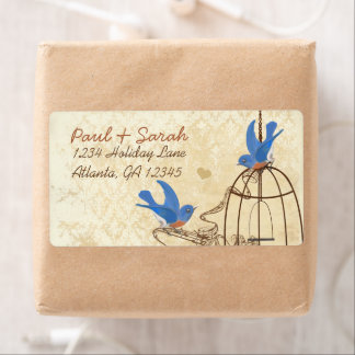 Etiqueta Vintage Damask Lucky Bluebirds Cage Bird Brown