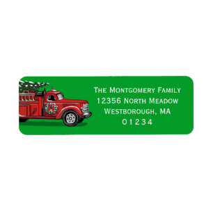 Etiqueta Vintage Fire Truck Green Christmas Tree Address