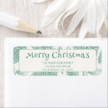 Etiqueta Vintage Green Merry Christmas Line Art Address<br><div class="desc">Elegante etiqueta de dirección verde de la línea navideña Art Holiday. Con fondo verde vintage de la línea blanca,  hojas de eucalipto y bayas. En el fondo blanco beige retro.</div>