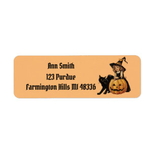 Etiqueta Vintage Halloween Bruja con gato negro y calabaza