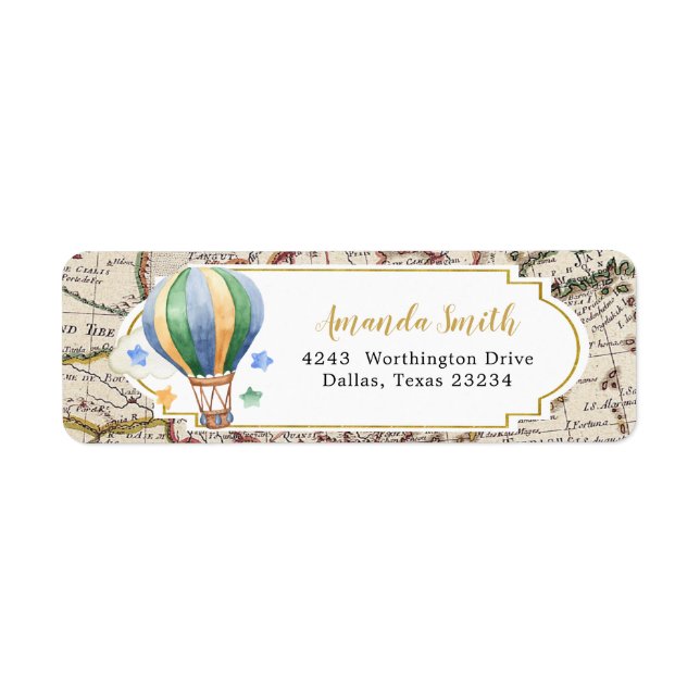 Etiqueta Vintage Map Hot Air Balloon Baby Shower Address (Frente)