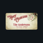 Etiqueta Vintage Merry Christmas botanical holly<br><div class="desc">Caligrafía roja vintage Diseño navideño Feliz. Composición de colores sofisticada y artística. Una moderna y única obra de arte gráfico hecha para ti. Puede personalizar de este producto añadiendo su propio nombre de apodo o monograma,  o cambiando de texto. Los regalos perfectos para los amantes de los diseños únicos.</div>