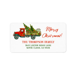 Etiqueta Vintage Red Truck Merry Christmas Tree Address