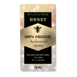 Etiqueta Vintage rustic sparkle gold logo bee honey jar