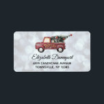 Etiqueta Vintage Toy Truck Merry Christmas<br><div class="desc">Etiquetas de direcciones con un diseño de Navidades lindo. La imagen es un lindo camión de juguetes con la mano de Feliz Navidad pintada en un costado con letras doradas. Llevando un árbol de Navidad decorado en la parte trasera. La mitad superior del fondo es un patrón de bokeh plateado....</div>