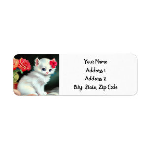 Etiqueta Vintage White Kitten Illustration with Red Flowers