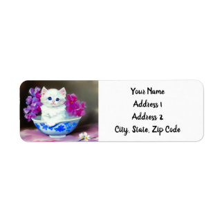 Etiqueta Vintage White Kitten with Pink Flowers 