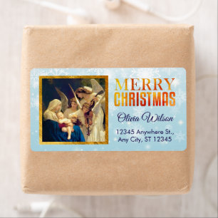 Etiqueta Virgen y ángeles vintage navidad religiosa