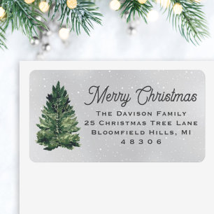 Etiqueta Watercolor Christmas Tree Grey Return Address