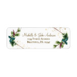 Etiqueta Watercolor Evergreens Gold Frame Christmas<br><div class="desc">Christmas return address labels depicts simple watercolor winter evergreen branches on a gold geometric frame adorned with holly leaves,  red berries and gold splashes.*</div>